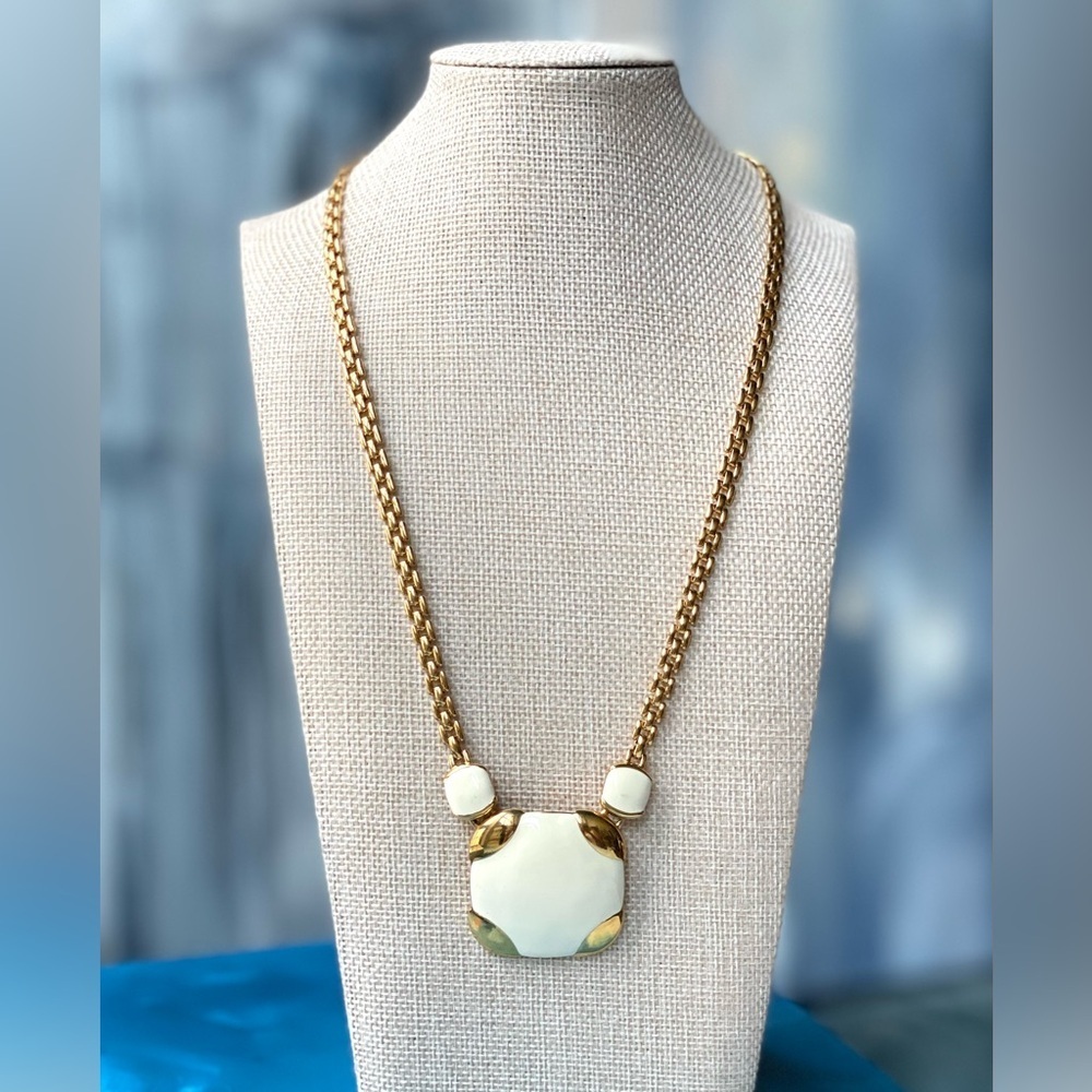 70's Vintage Monet White Enamel 22K Gold Plated Statement Necklace